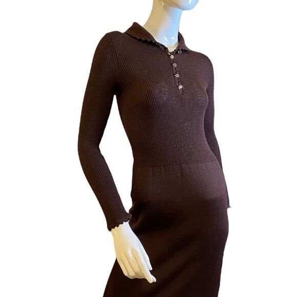 Vintage 60s Goldworm Knit Ribbed Crochet MIDI Chocolate Brown Sweater Dress XS - Picture 6 of 17